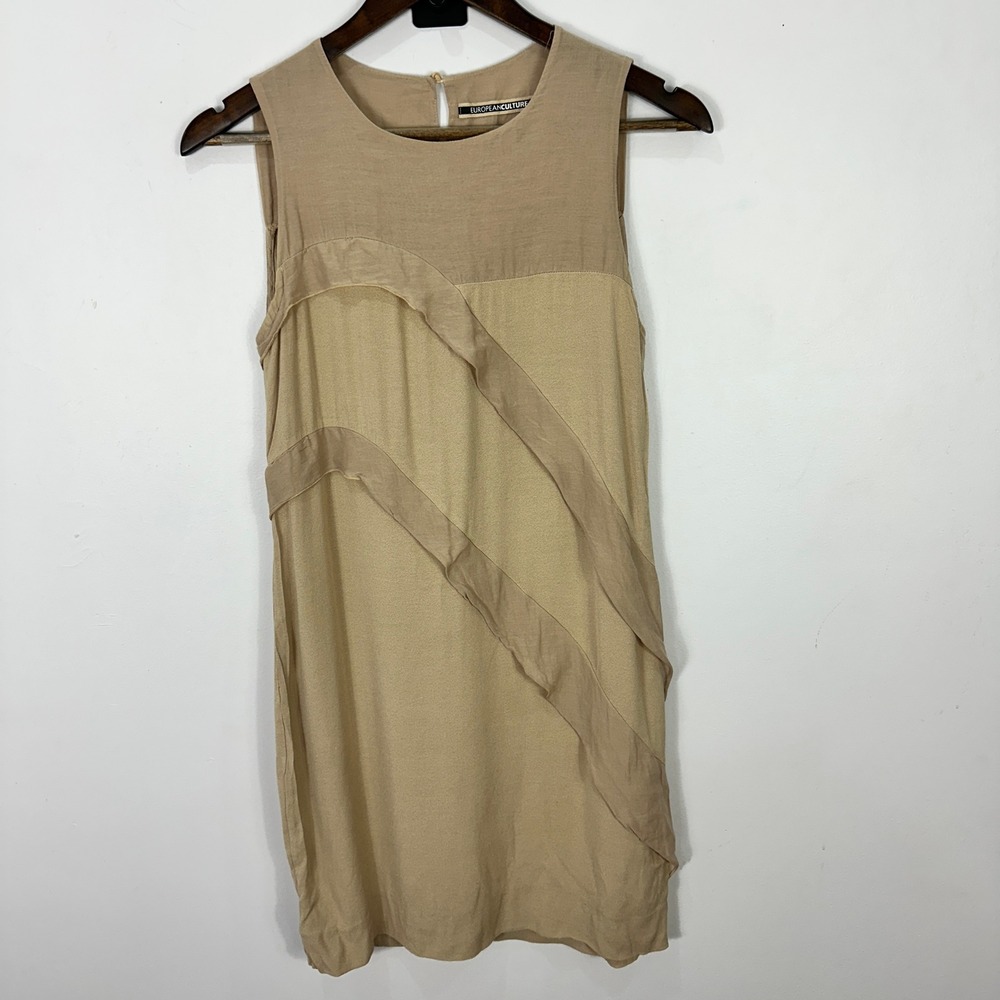 European Culture Shift Dress Womens XS Beige Silk Blend Ruffle Made inโ Italy